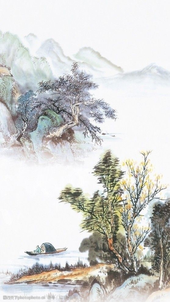 工笔画 山 水 山水 水墨 松树 远山 国画 山水画 风景画 风景 船 绘画