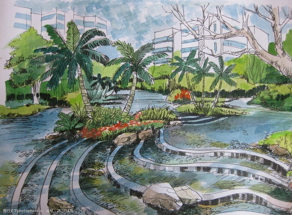 手绘小区中央风景效果图