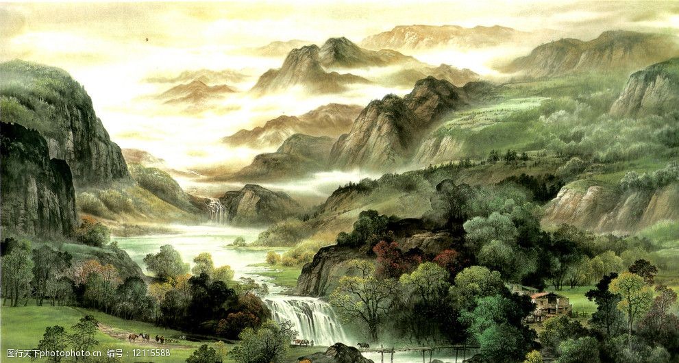 关键词:流泉常满林 流泉 绿林 远山 绝境风景 刘梁经 山水画 绘画书法