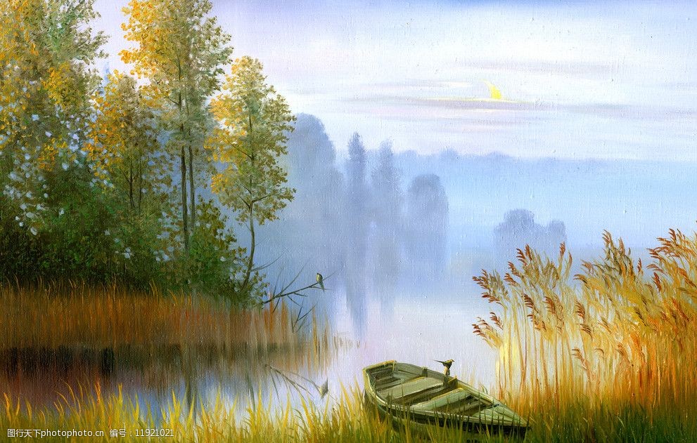 关键词:风景油画 风景 小鸟 油画 绿树 小河 芦苇 晨曦 商业油画 绘画