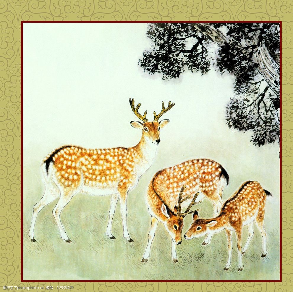 关键词:鹿之情 国画 名画 草地 梅花鹿 松树 现代国画 动物 绘画书法