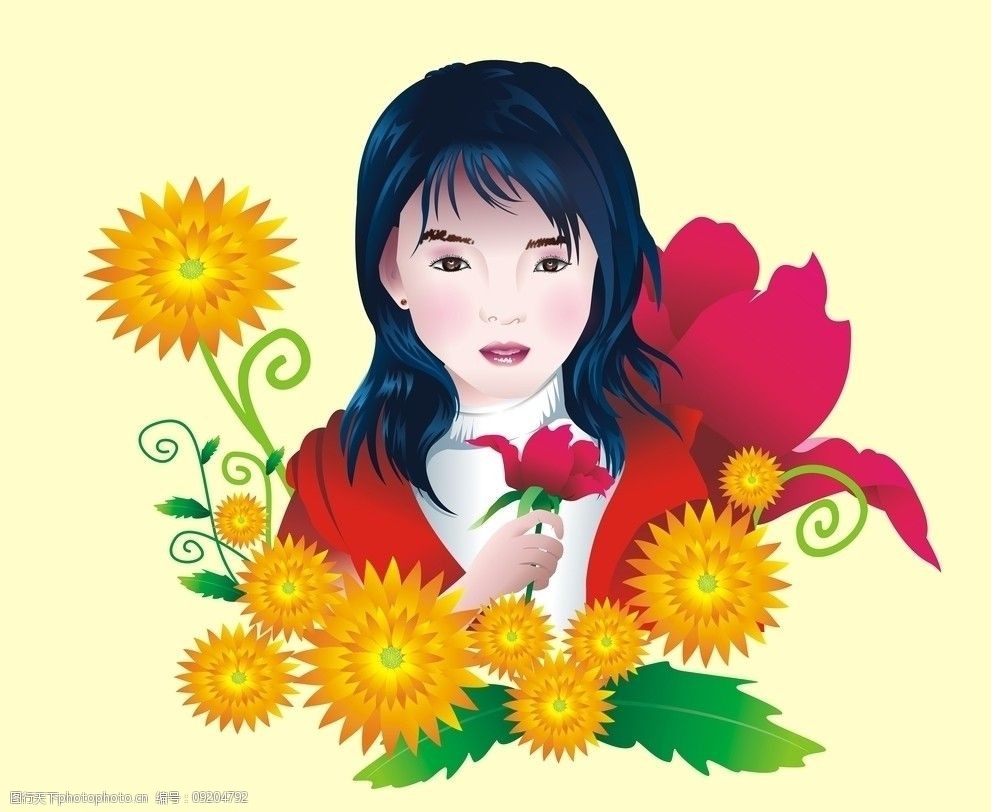 关键词:红花女孩 红花 花 插画 美女卡通 菊花 玫瑰 矢量人物 动漫
