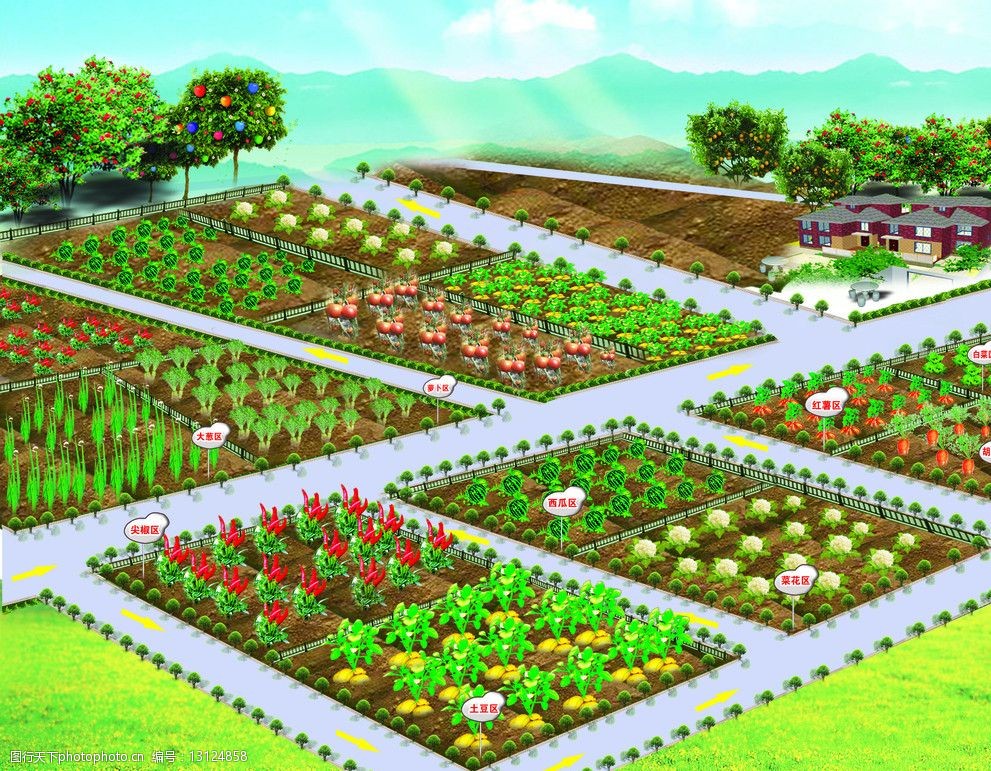 农场 果园立体效果图 立体蔬菜水果 土壤 蓝天白云 其他模版 广告设计
