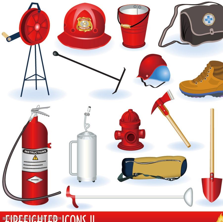 消防器材用品图标矢量 灭火器 安全帽 铁锹 工具包 鞋子 水桶 消防