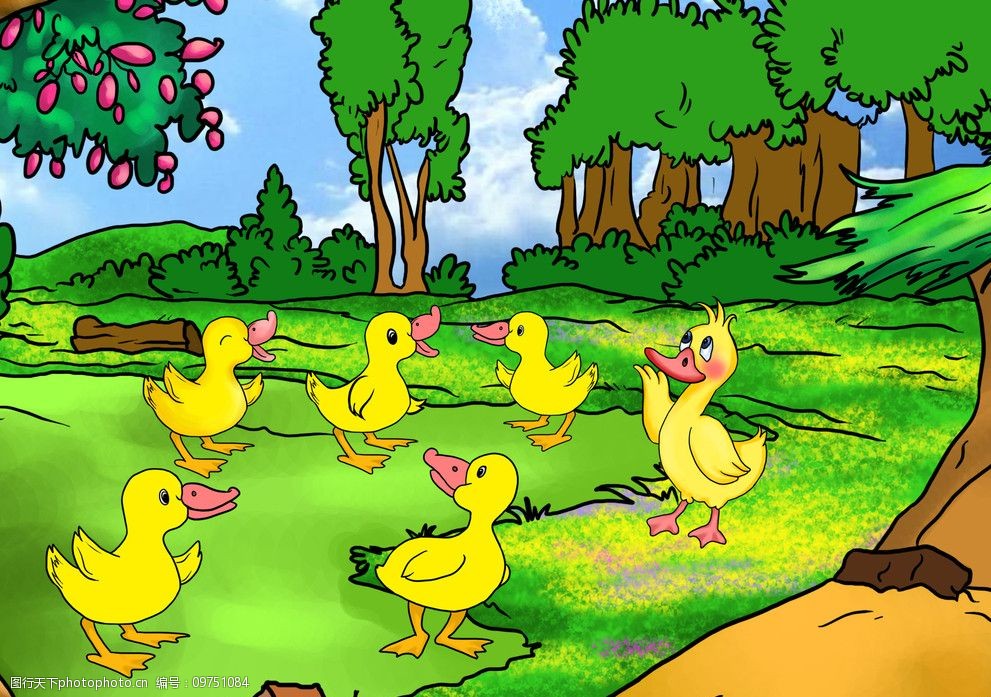 关键词:青青草地 丑小鸭 儿童插画 树林 鸭子 风景画 风景漫画 动漫