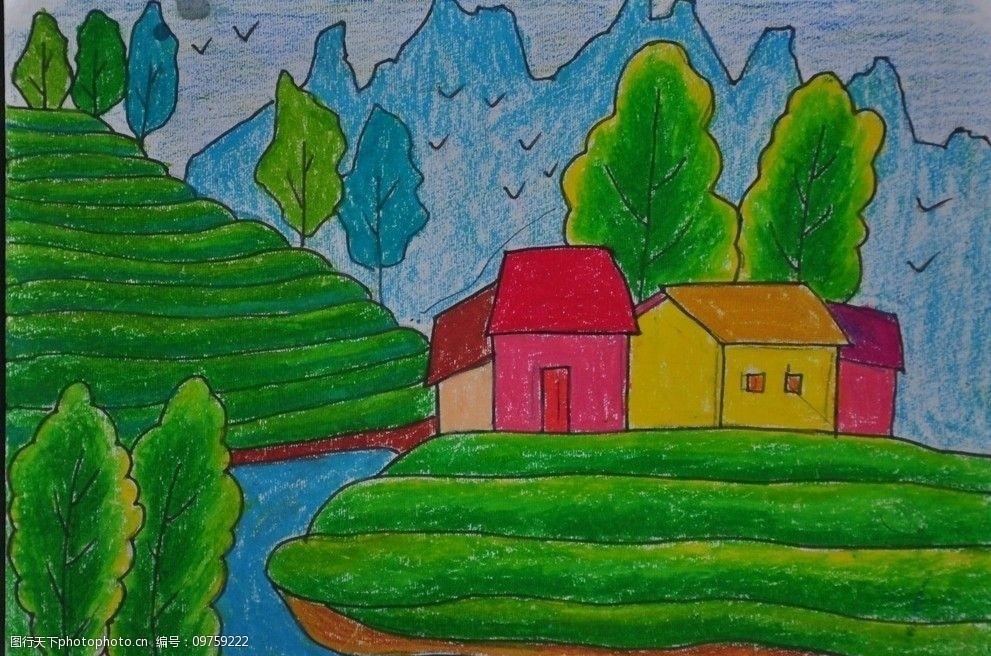 关键词:儿童画 山坡 小屋 高山 河流 小树 美术绘画 文化艺术 摄影