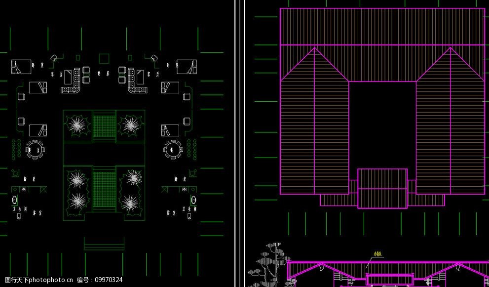 四合院屋顶平面及正立面室内布置图片