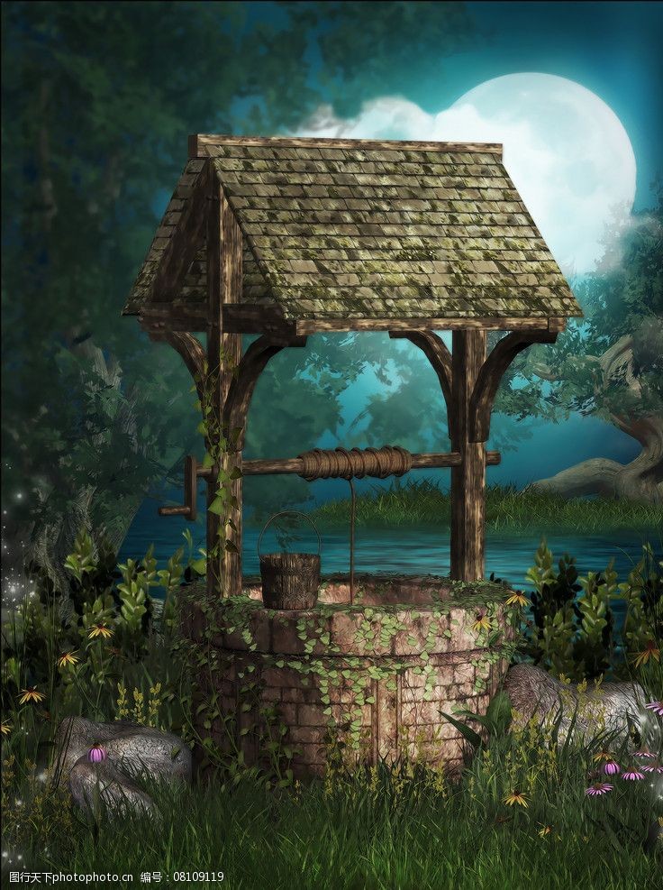 浪漫圆月古井背景图片