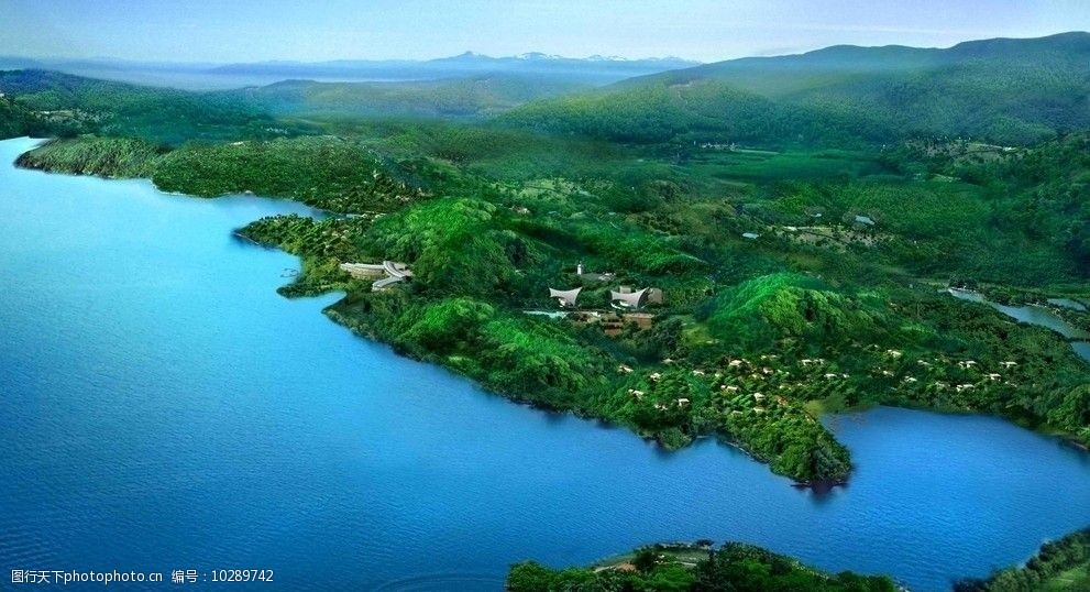 水库 山庄 鸟瞰图 景观 设计 房产景观分层 背景素材 psd分层素材 源