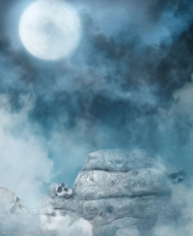骷髅背景恐怖圆月夜图片