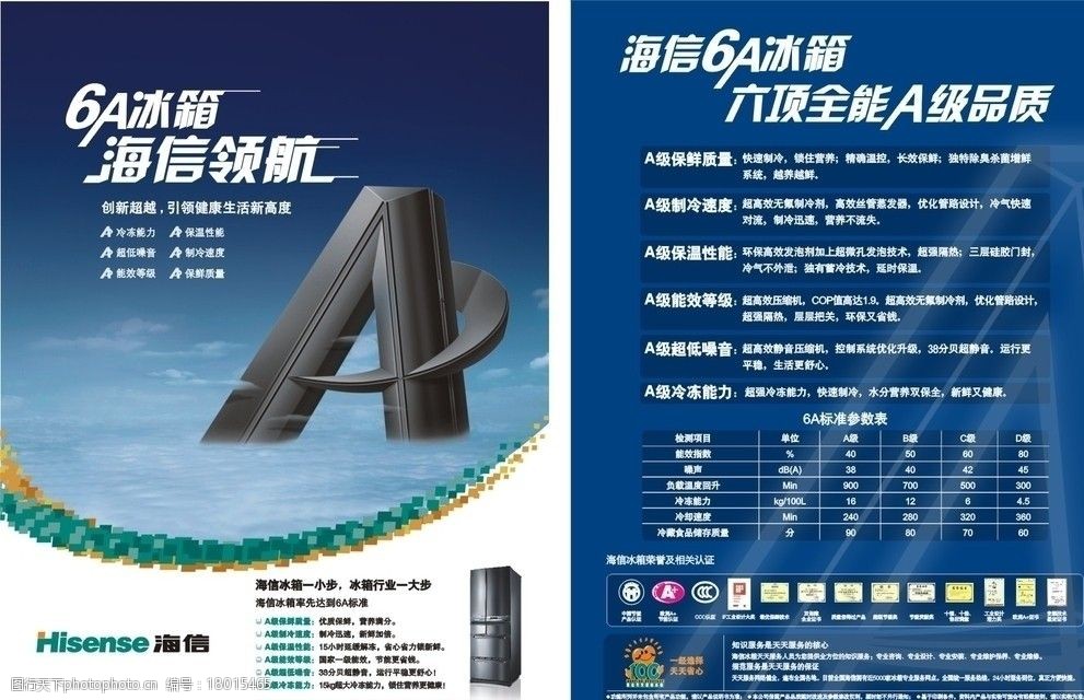 i海信6a领航彩页 6a领航 海信标志 冰箱 蓝色背景 白云 dm宣传单 广告