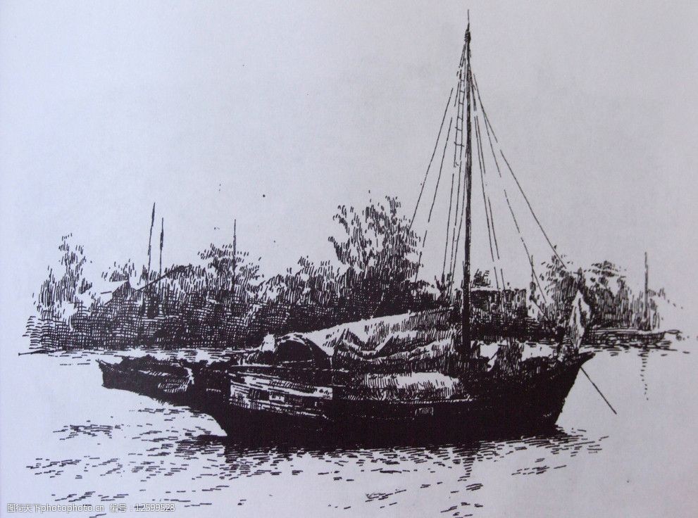 钢笔画图片水面上的船