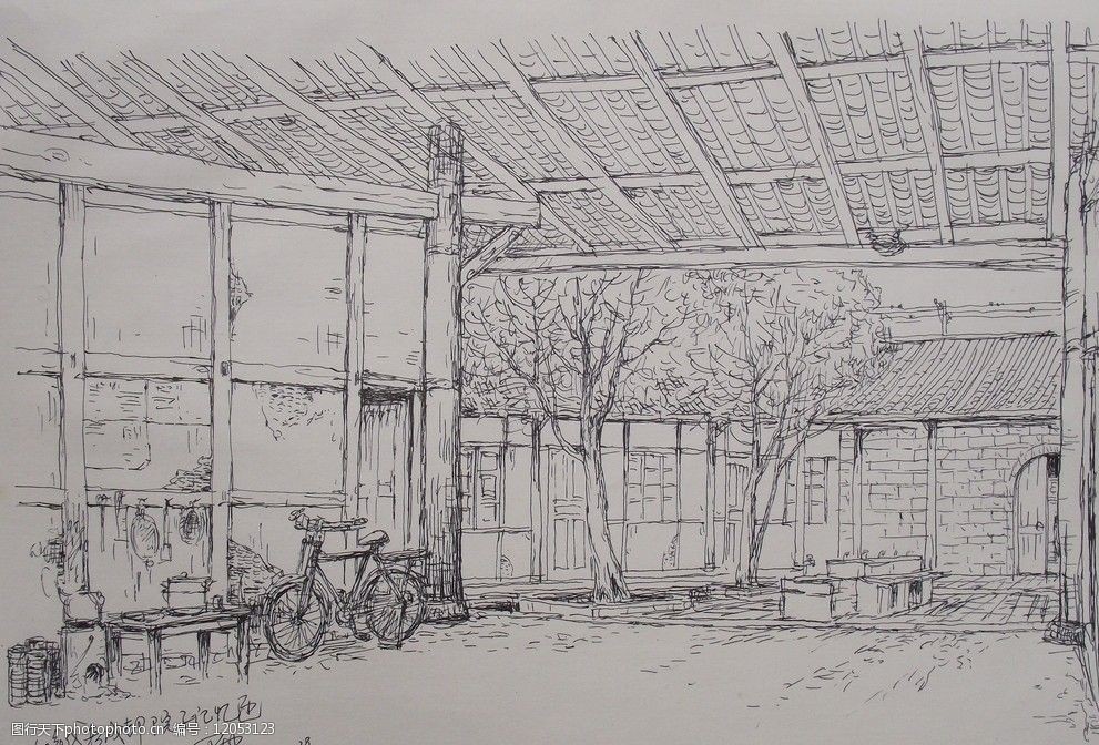 钢笔画60年代成都院子图片