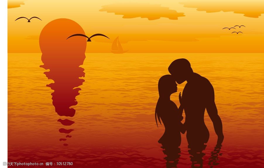 红日湖水中的甜蜜情侣图片