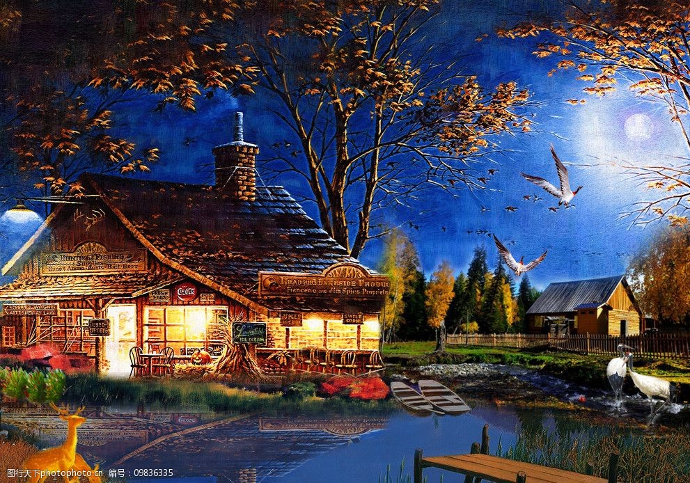 油画风景乡村夜色图片