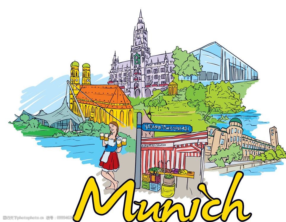 手绘德国慕尼黑旅游城市建筑图片
