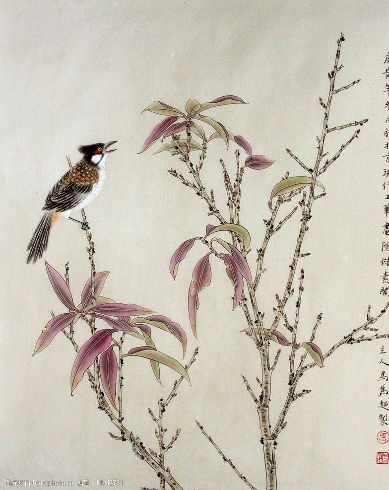马为超工笔花鸟画之桃树小鸟图片